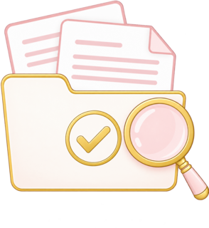 Light document folder, check mark, and magnifying glass